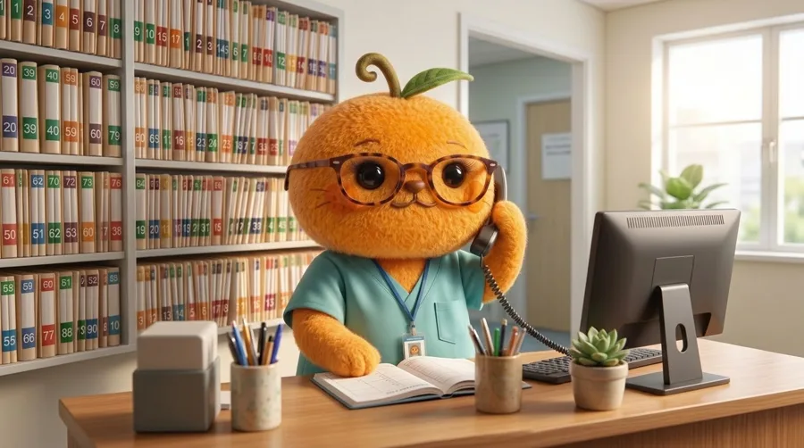 A dental practice front desk, phone in hand and schedule open
